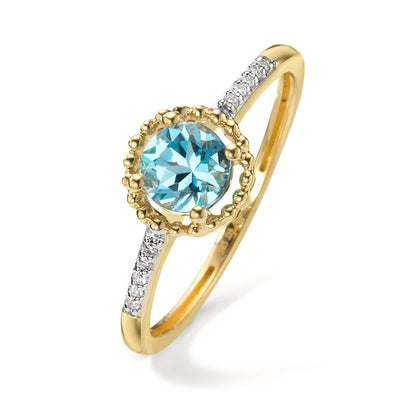 Finger ring 585/14 K gult guld topas blå, diamant 0.03 ct, 10 stenar, w-si