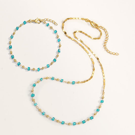 Collier Brons kristall aqua, 15 stenar guldpläterad 40-45 cm