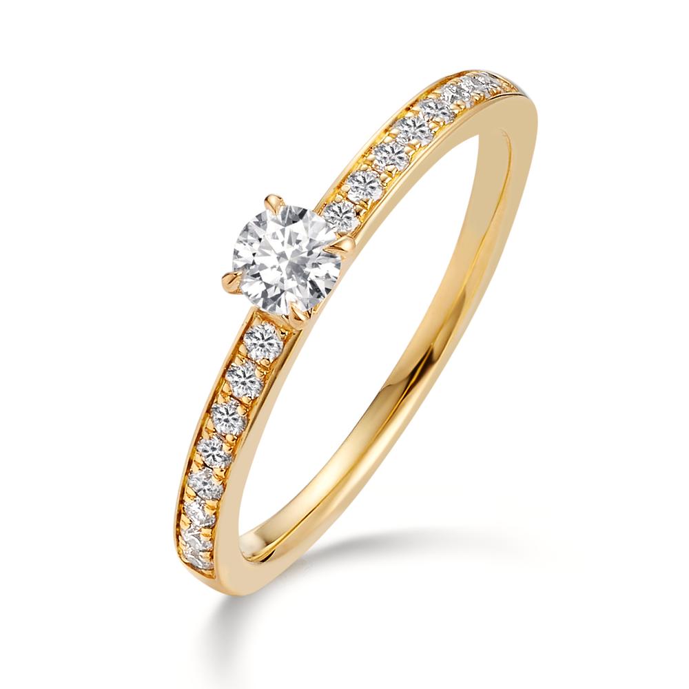 Solitärring 750/18 K gult guld diamant 0.34 ct, 17 stenar, w-si