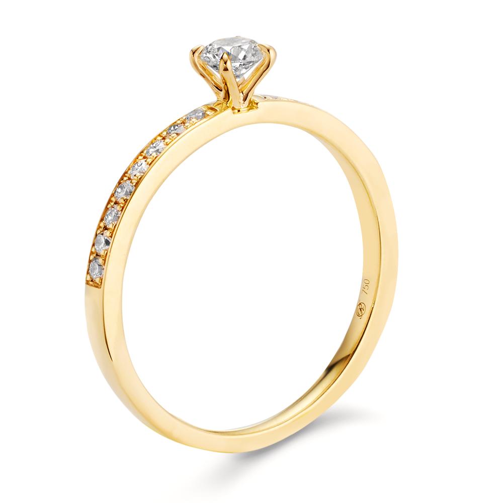 Solitärring 750/18 K gult guld diamant 0.34 ct, 17 stenar, w-si
