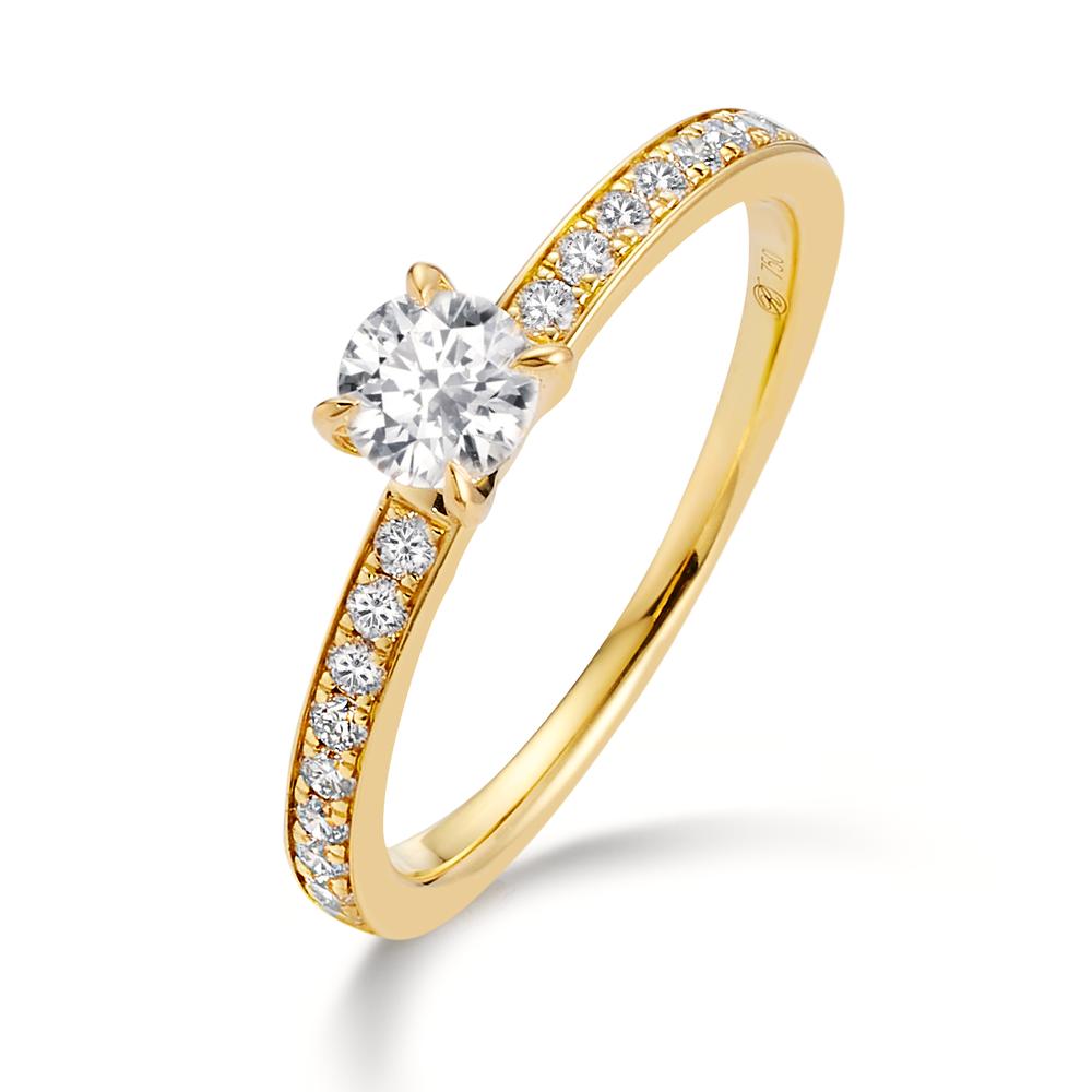 Solitärring 750/18 K gult guld diamant vit, 0.30 ct, [Brillant], w-si, diamant vit, 0.20 ct, 18 stenar, [Brillant], w-si