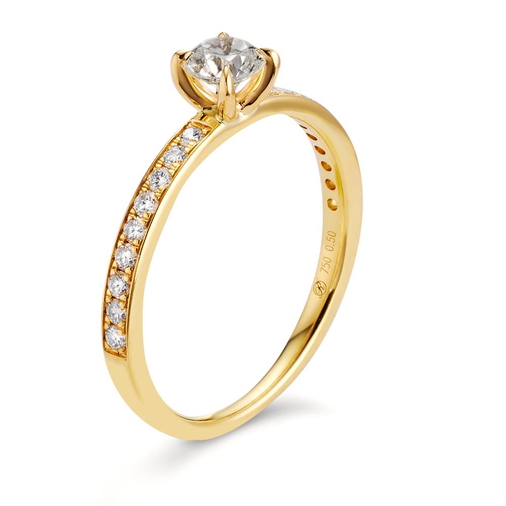 Solitärring 750/18 K gult guld diamant vit, 0.30 ct, [Brillant], w-si, diamant vit, 0.20 ct, 18 stenar, [Brillant], w-si