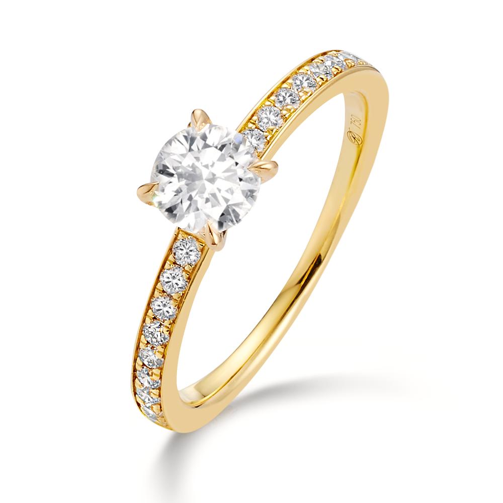Solitärring 750/18 K gult guld diamant 0.47 ct, [Brillant], w-si, diamant 0.18 ct, 18 stenar, [Brillant], w-si