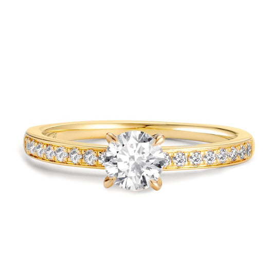 Solitärring 750/18 K gult guld diamant 0.65 ct, 19 stenar, w-si