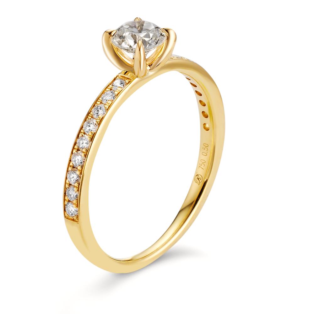 Solitärring 750/18 K gult guld diamant 0.65 ct, 19 stenar, w-si