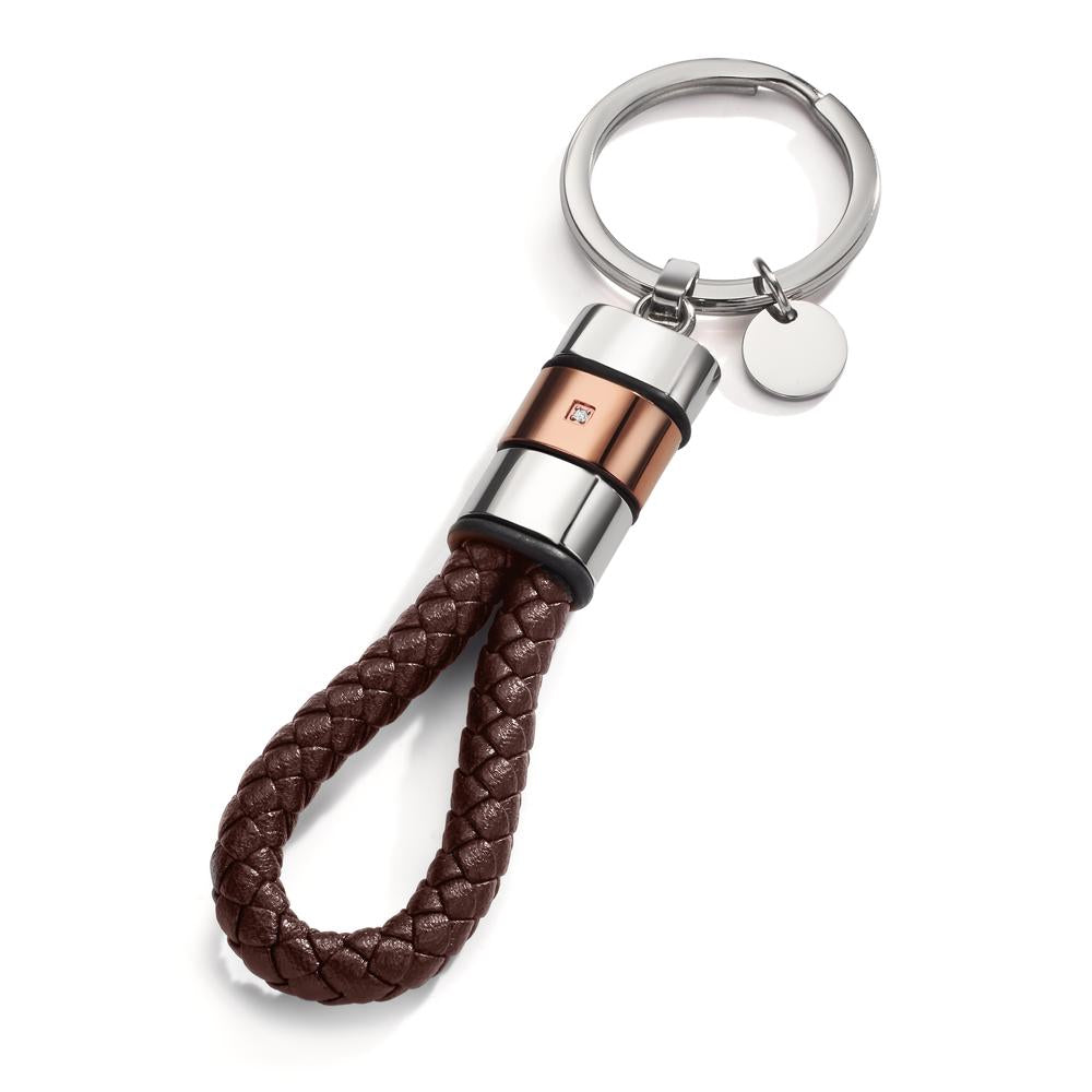 Nyckelring rostfritt stål, läder, gummi Zirkoniumoxid brun IP-belagd 11 cm Ø30 mm