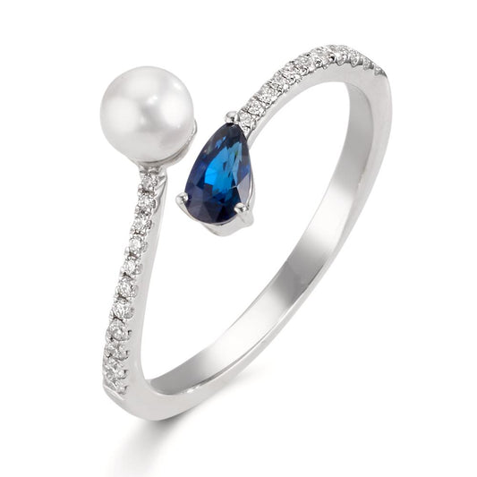 Finger ring 750/18 K vitguld diamant 0.105 ct, w-si, safir [Akoya Perlen] 3.5-4 mm