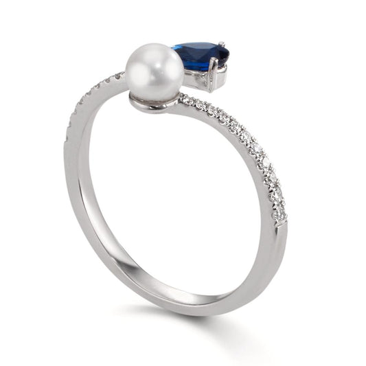 Finger ring 750/18 K vitguld diamant 0.105 ct, w-si, safir [Akoya Perlen] 3.5-4 mm