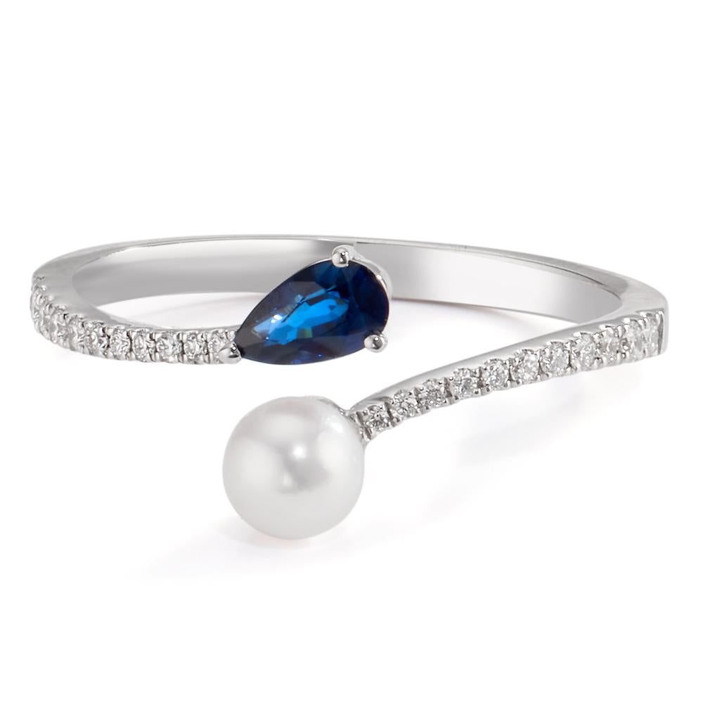 Finger ring 750/18 K vitguld diamant 0.105 ct, w-si, safir [Akoya Perlen] 3.5-4 mm