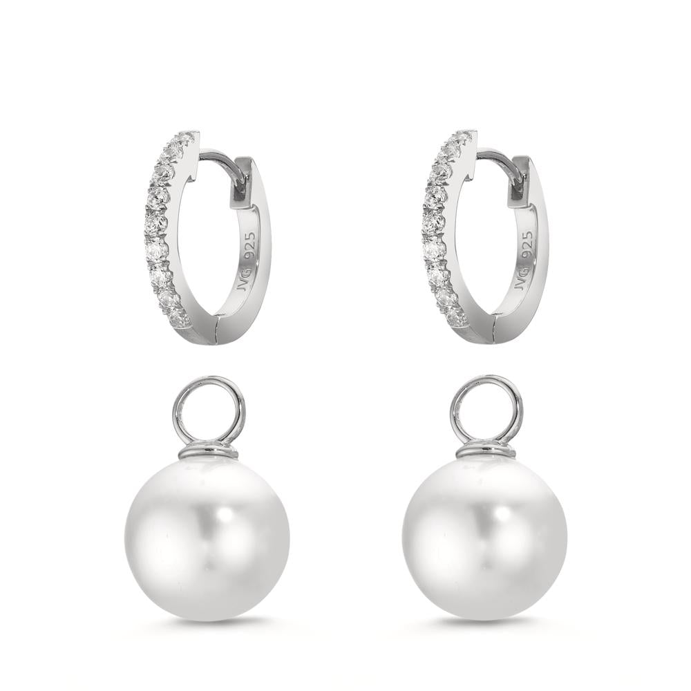 Hopfällbara örhängen Silver Zirkoniumoxid 18 stenar rodiumpläterad glänsande pärlor, 2 Pärlor, 10 mm