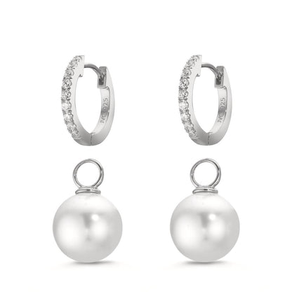 Hopfällbara örhängen Silver Zirkoniumoxid 18 stenar rodiumpläterad glänsande pärlor, 2 Pärlor, 10 mm
