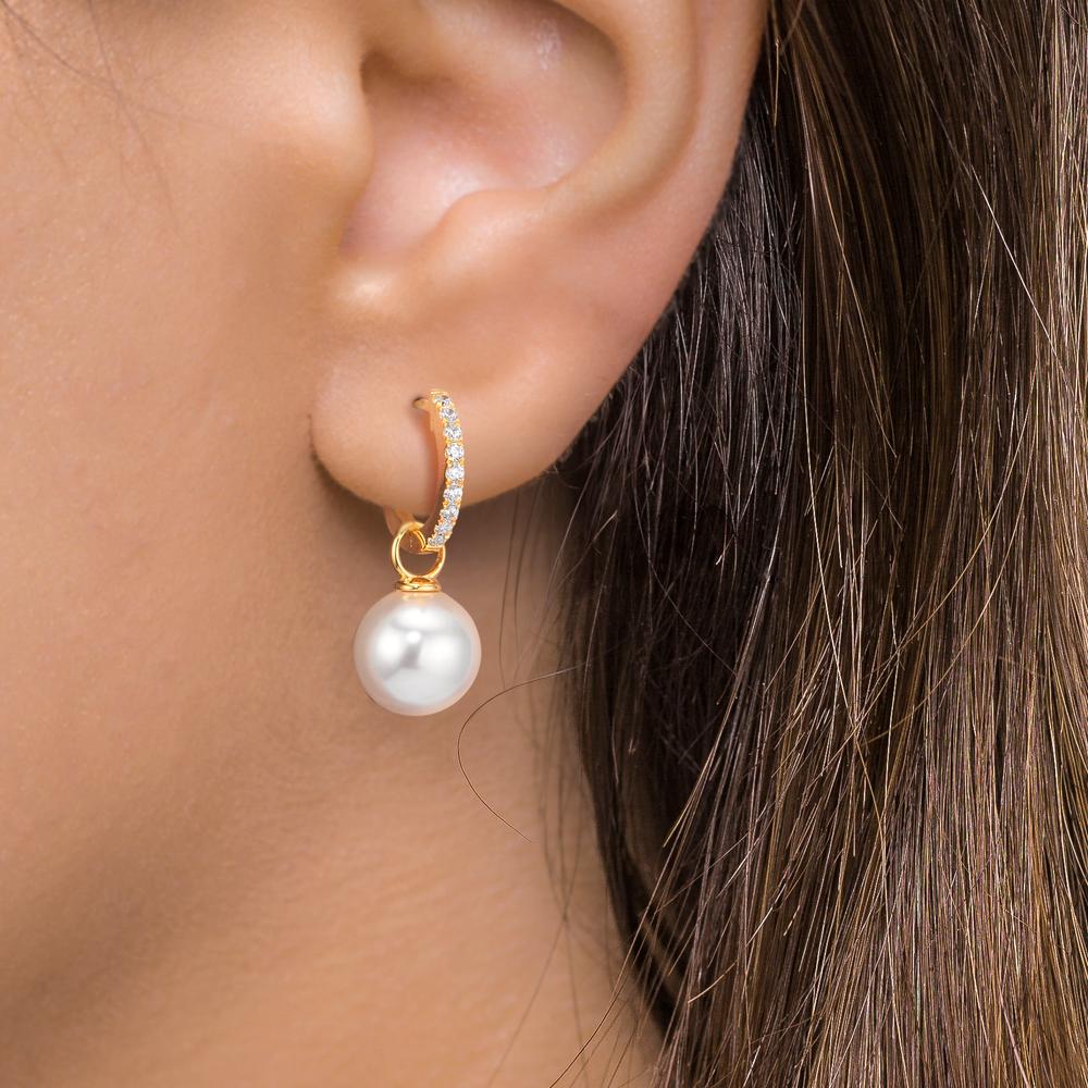 Hopfällbara örhängen Silver Zirkoniumoxid 18 stenar gul guldpläterad glänsande pärlor, 2 Pärlor, 10 mm