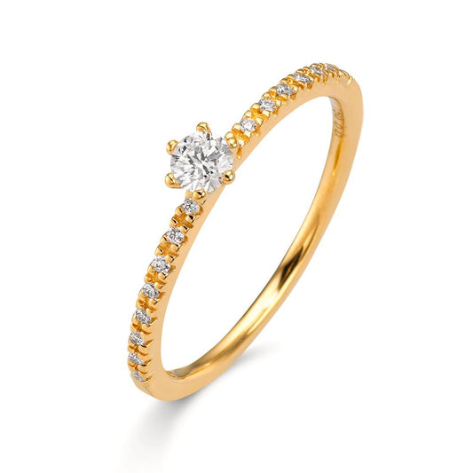 Solitärring 750/18 K gult guld diamant 0.20 ct, 17 stenar, [Brillant], w-si