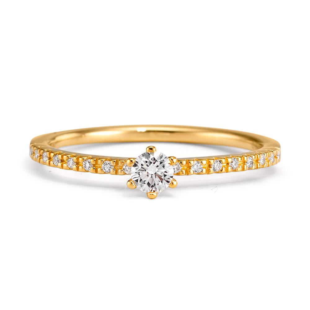 Solitärring 750/18 K gult guld diamant 0.20 ct, 17 stenar, [Brillant], w-si