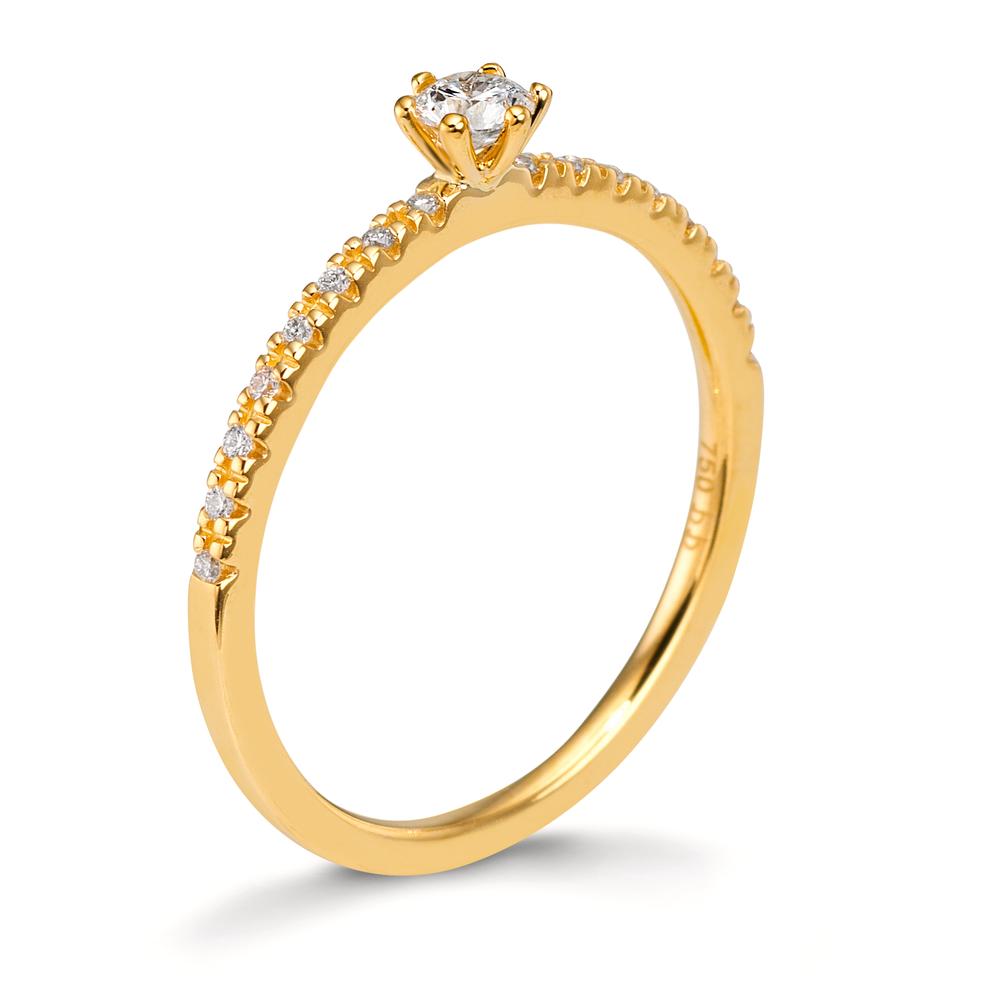 Solitärring 750/18 K gult guld diamant 0.20 ct, 17 stenar, [Brillant], w-si
