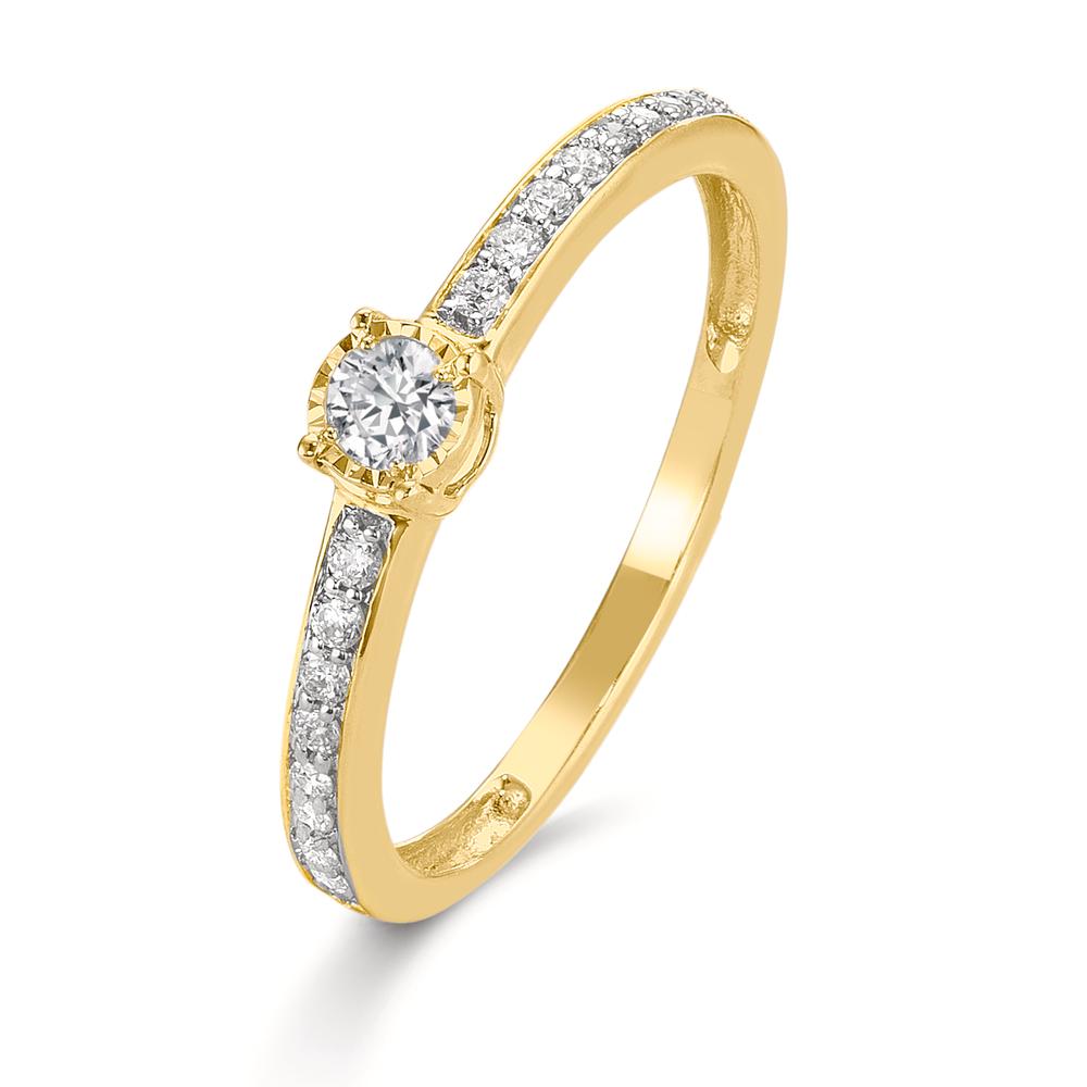 Solitärring 375/9 K gult guld diamant 0.20 ct, 19 stenar, w-si