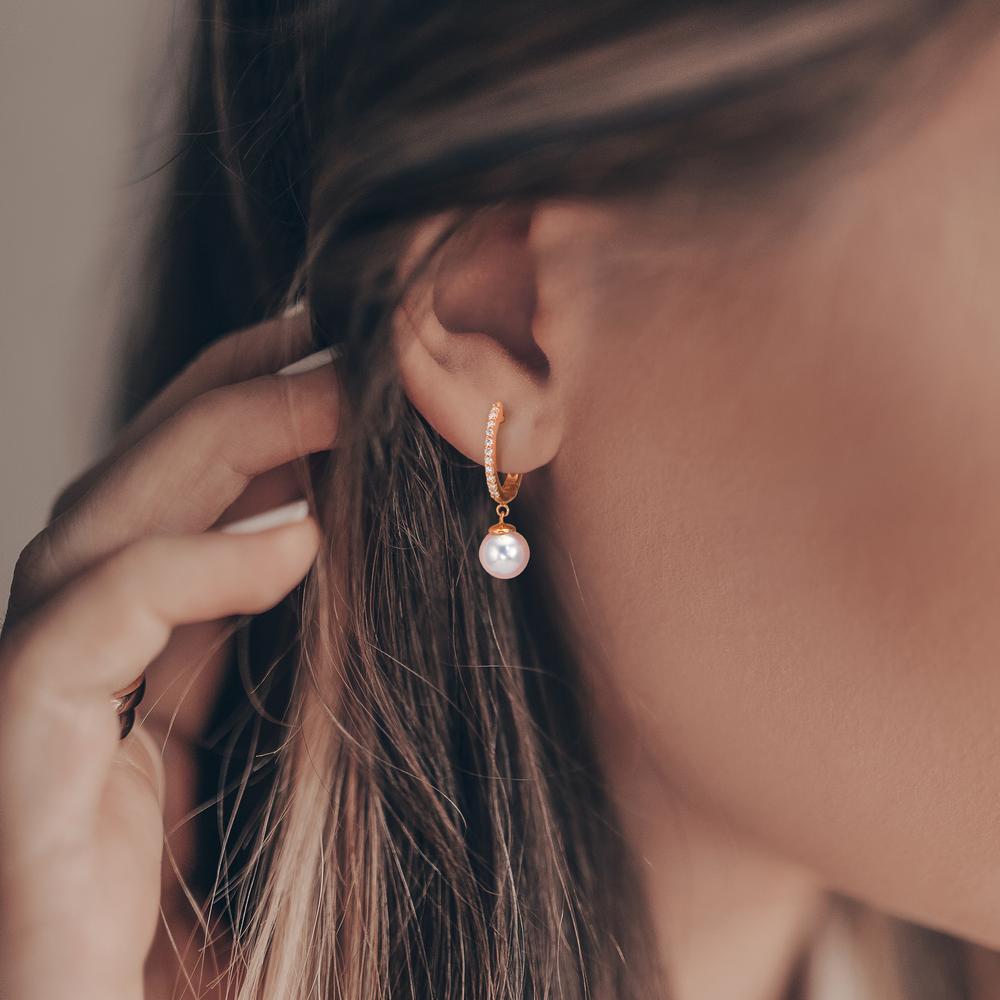 Hopfällbara örhängen 750/18 K rött guld diamant 0.09 ct, 22 stenar, tw-si [Akoya Perlen], 2 Pärlor 6-6.5 mm