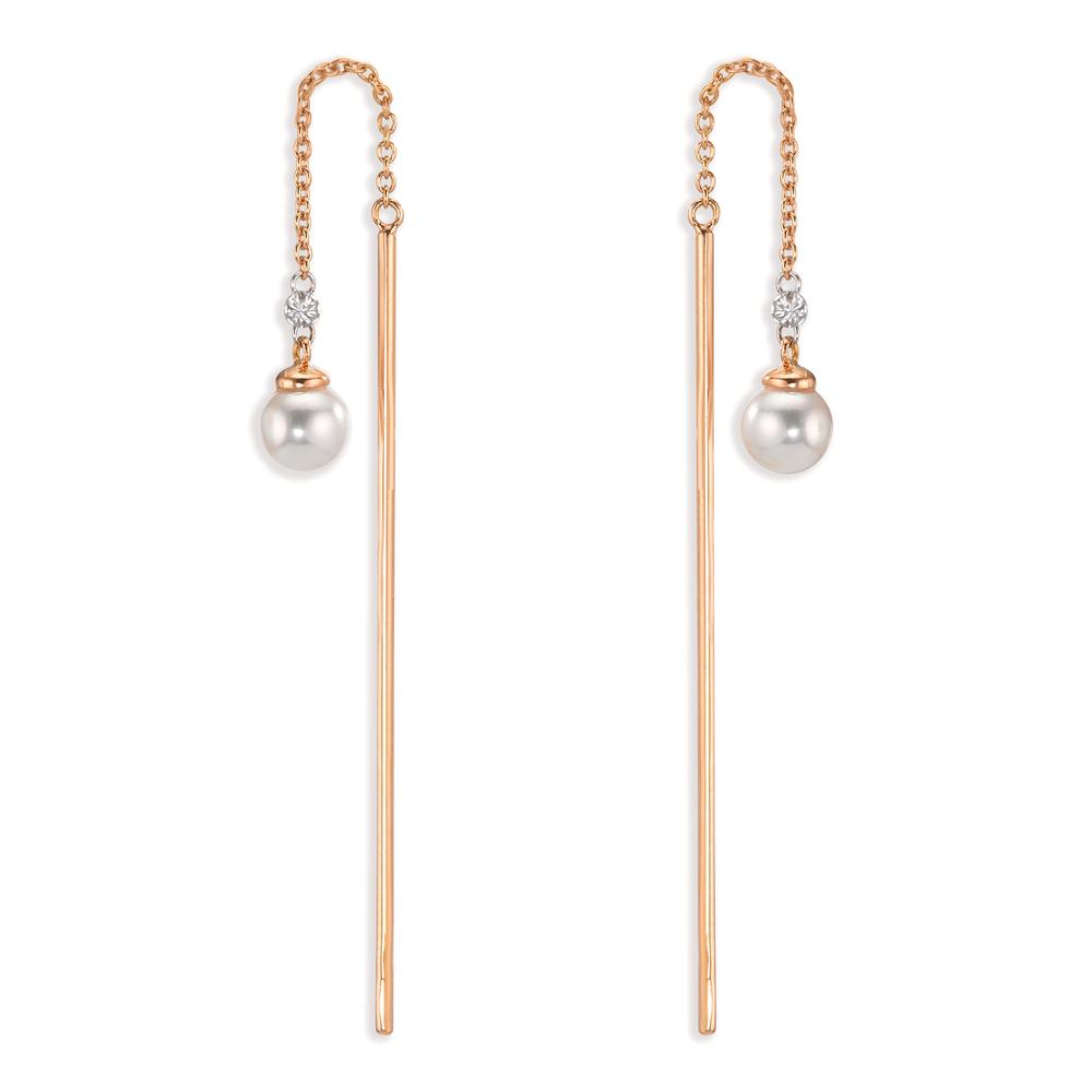 Genomdragbara örhängen 750/18 K rött guld diamant 0.06 ct, 3 stenar, tw-si [Akoya Perlen], 2 Pärlor, 4.5 mm