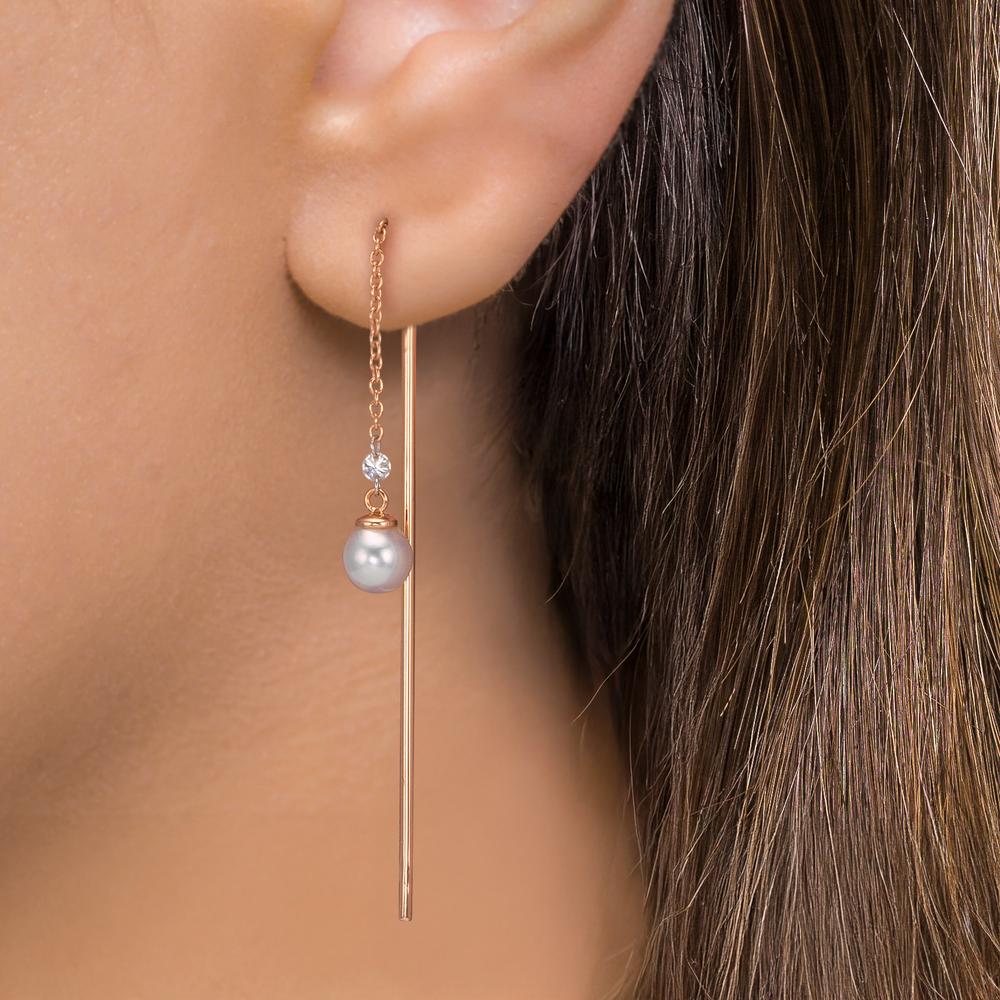 Genomdragbara örhängen 750/18 K rött guld diamant 0.06 ct, 3 stenar, tw-si [Akoya Perlen], 2 Pärlor, 4.5 mm