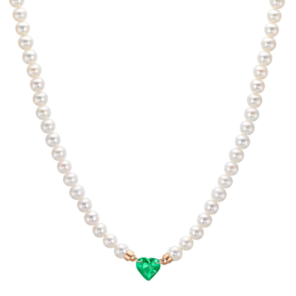Collier 750/18 K rött guld synth smaragd Sötvattensodlad pärla, 3.5 mm Hjärta 40-44 cm