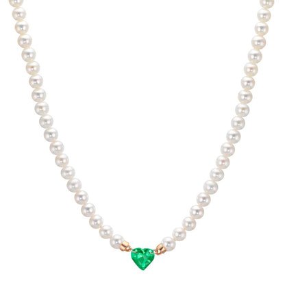 Collier 750/18 K rött guld synth smaragd Sötvattensodlad pärla, 3.5 mm Hjärta 40-44 cm