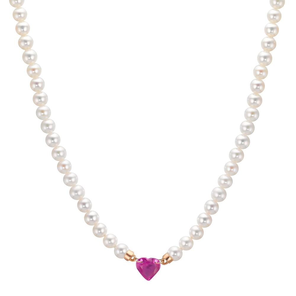 Collier 750/18 K rött guld rubin 0.62 ct Sötvattensodlad pärla, 3.5 mm Hjärta 40-44 cm