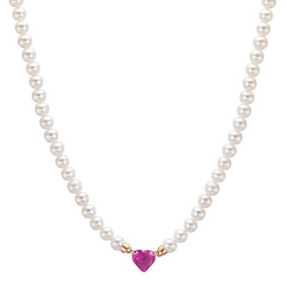 Collier 750/18 K rött guld rubin 0.62 ct Sötvattensodlad pärla, 3.5 mm Hjärta 40-44 cm