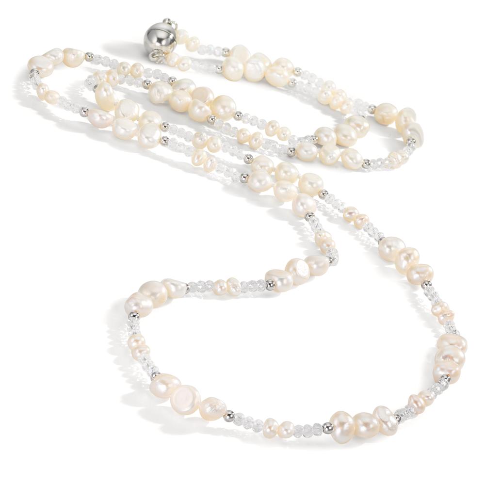 Collier rostfritt stål kristall vit Sötvattensodlad pärla 90 cm