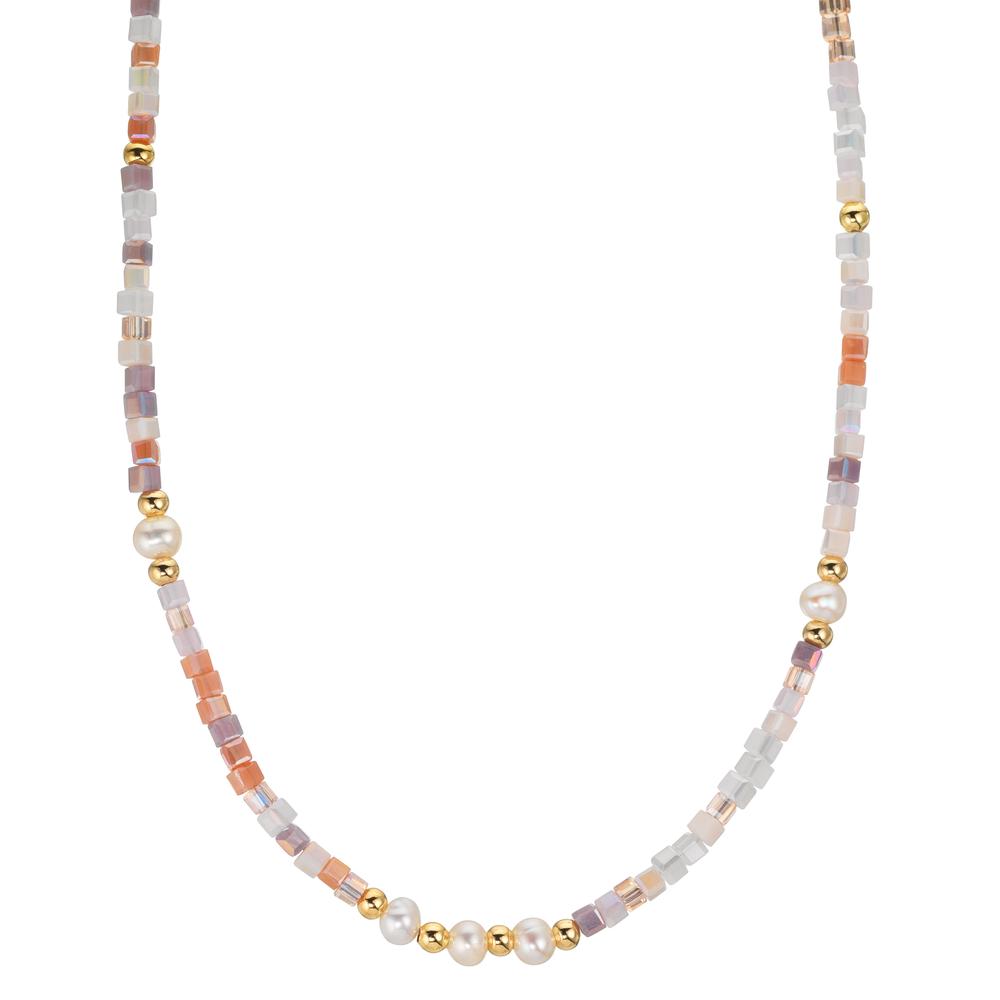 Collier rostfritt stål kristall rosa gul IP-belagd Sötvattensodlad pärla, 5 Pärlor 4-4.5 mm 43 cm