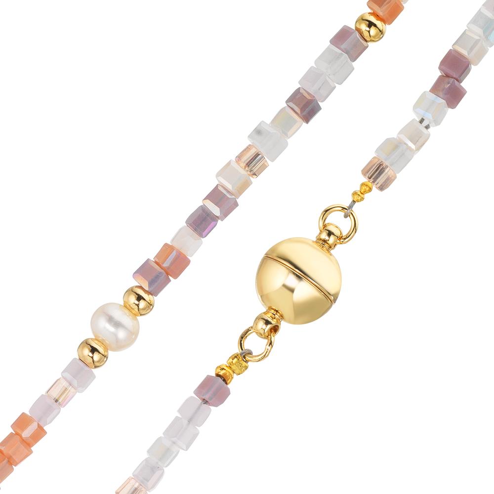 Collier rostfritt stål kristall rosa gul IP-belagd Sötvattensodlad pärla, 5 Pärlor 4-4.5 mm 43 cm