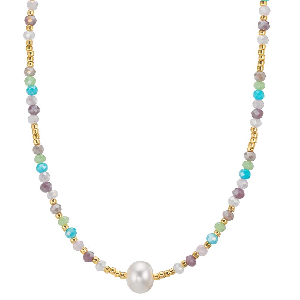 Collier rostfritt stål kristall flerfärgad gul IP-belagd Sötvattensodlad pärla, 8 mm 42 cm