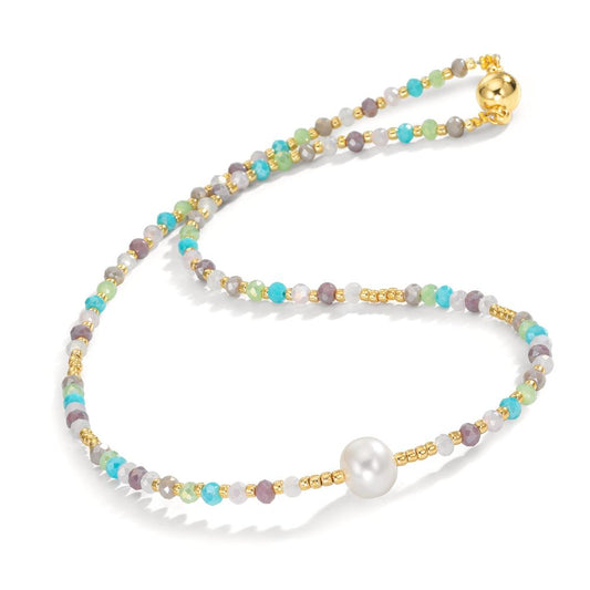 Collier rostfritt stål kristall flerfärgad gul IP-belagd Sötvattensodlad pärla, 8 mm 42 cm