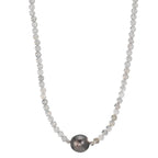 Collier rostfritt stål Labradorit grå, 3 mm Tahitisk pärla, 9.5 mm 43-47 cm