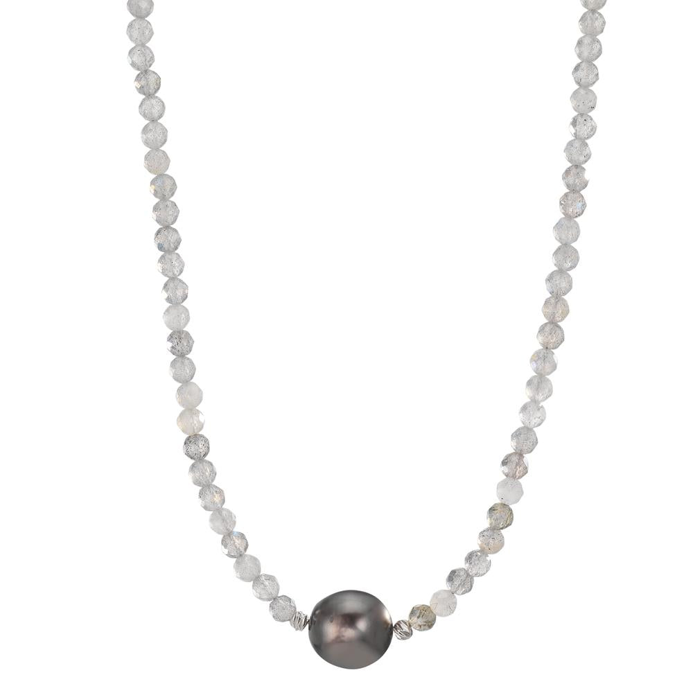 Collier rostfritt stål Labradorit grå, 3 mm Tahitisk pärla, 9.5 mm 43-47 cm