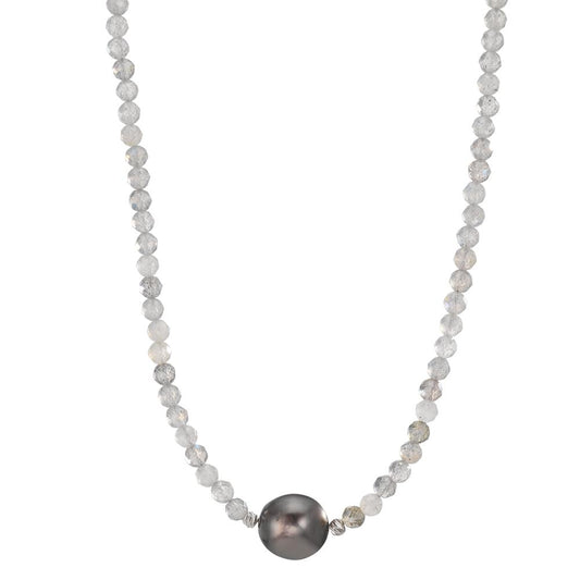 Collier rostfritt stål Labradorit grå, 3 mm Tahitisk pärla, 9.5 mm 43-47 cm