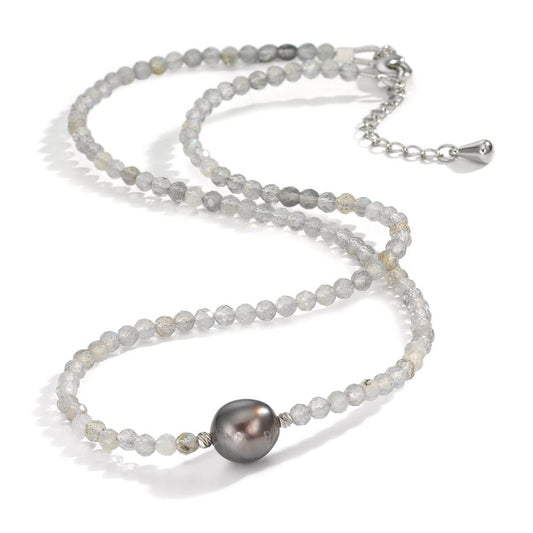 Collier rostfritt stål Labradorit grå, 3 mm Tahitisk pärla, 9.5 mm 43-47 cm