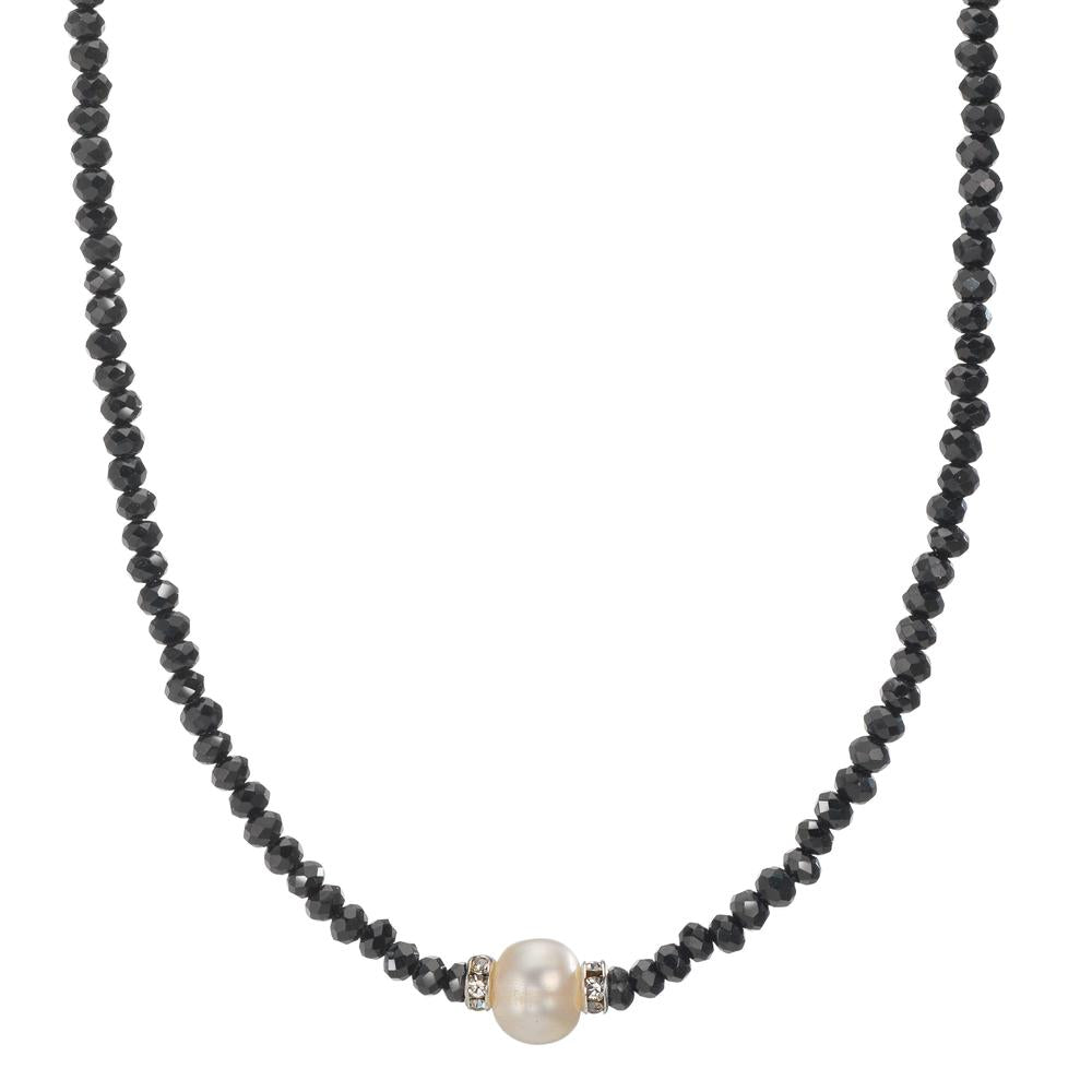 Collier rostfritt stål kristall svart Sötvattensodlad pärla 6.5-7 mm 43 cm