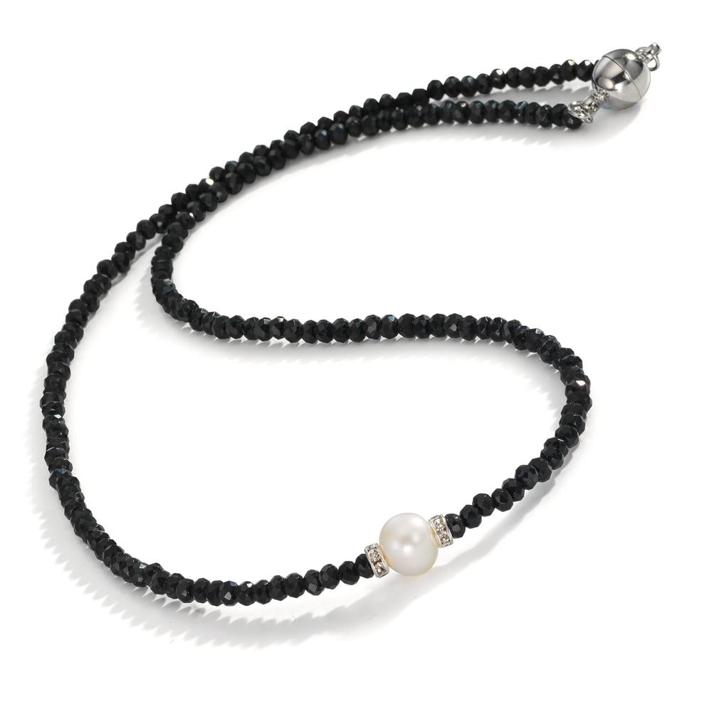 Collier rostfritt stål kristall svart Sötvattensodlad pärla 6.5-7 mm 43 cm