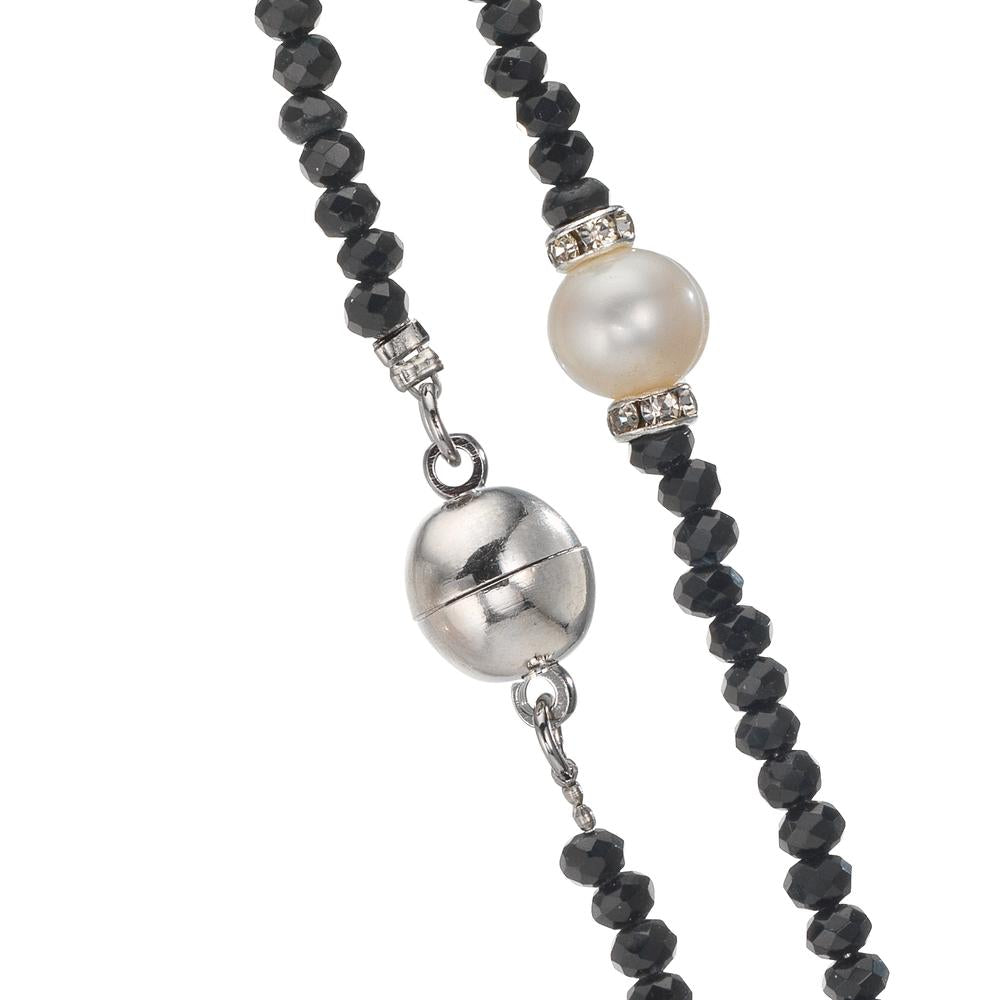 Collier rostfritt stål kristall svart Sötvattensodlad pärla 6.5-7 mm 43 cm