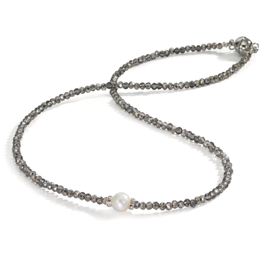 Collier rostfritt stål kristall grå Sötvattensodlad pärla 6.5-7 mm 43 cm