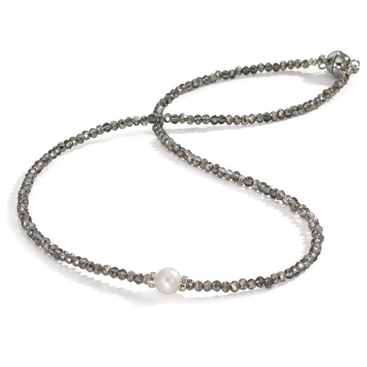 Collier rostfritt stål kristall grå Sötvattensodlad pärla 6.5-7 mm 43 cm