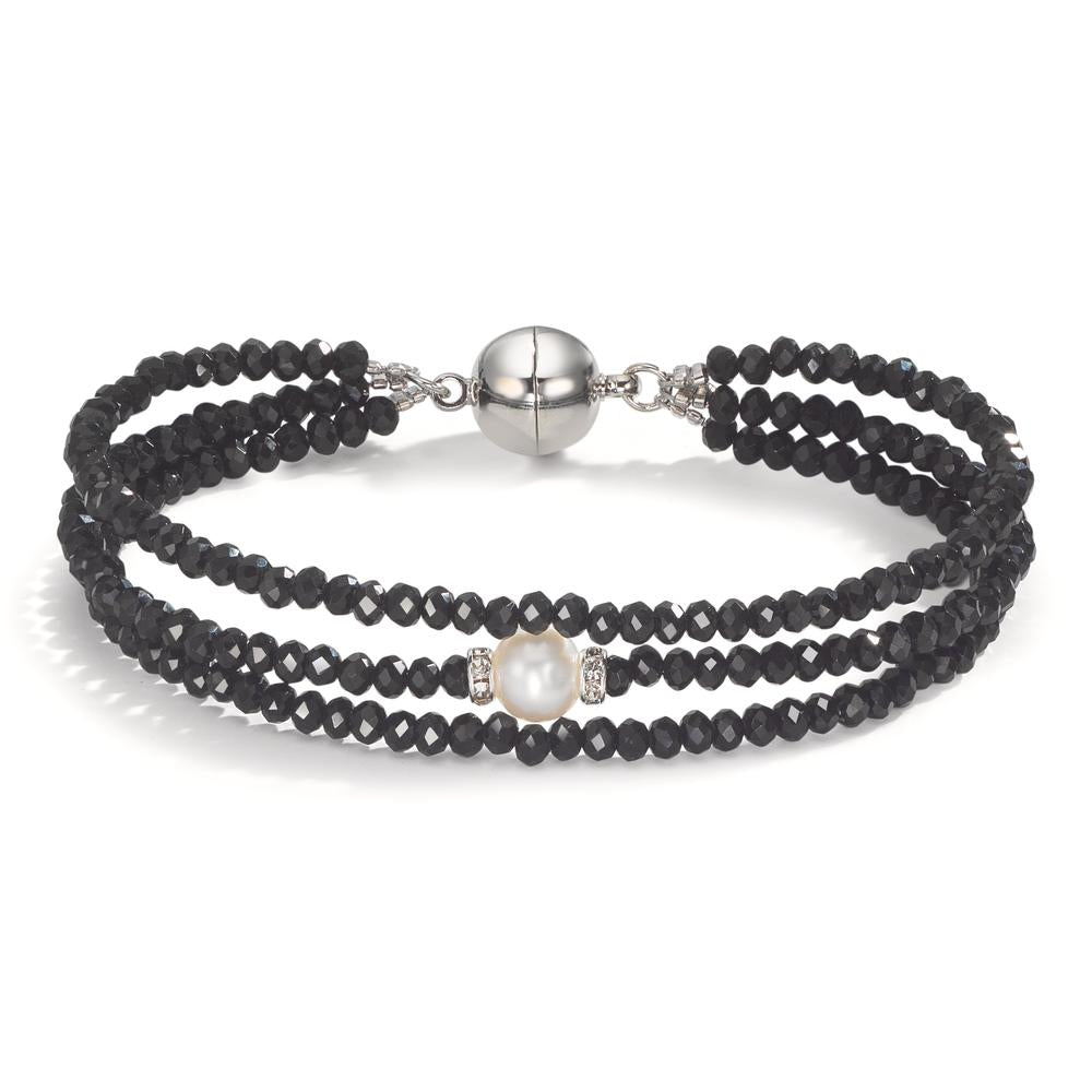 Armband rostfritt stål kristall svart Sötvattensodlad pärla 7-7.5 mm 19 cm