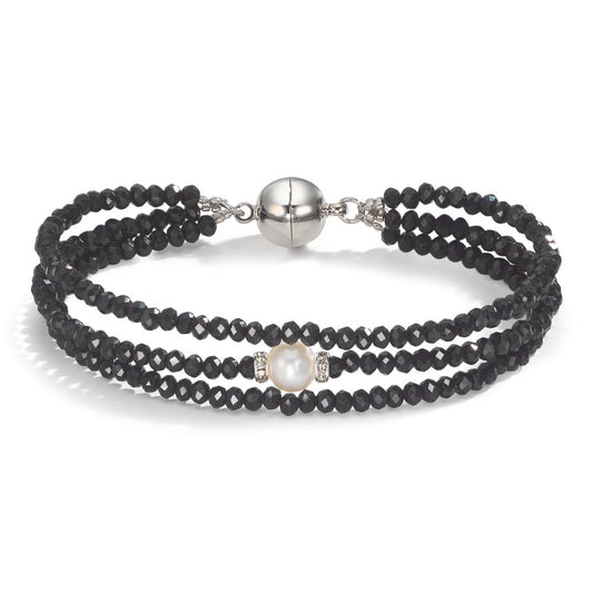 Armband rostfritt stål kristall svart Sötvattensodlad pärla 7-7.5 mm 19 cm