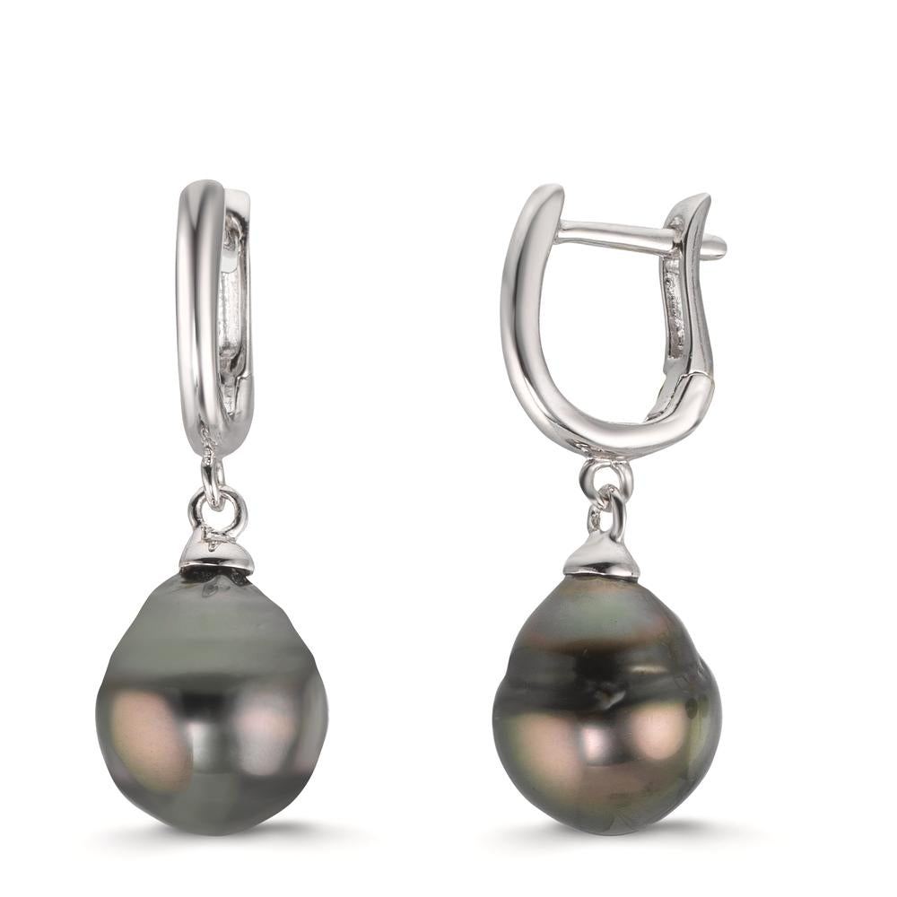 Hopfällbara örhängen Silver rodiumpläterad Tahitisk pärla, 2 Pärlor 9-10 mm