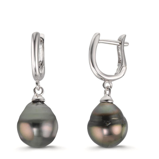 Hopfällbara örhängen Silver rodiumpläterad Tahitisk pärla, 2 Pärlor 9-10 mm