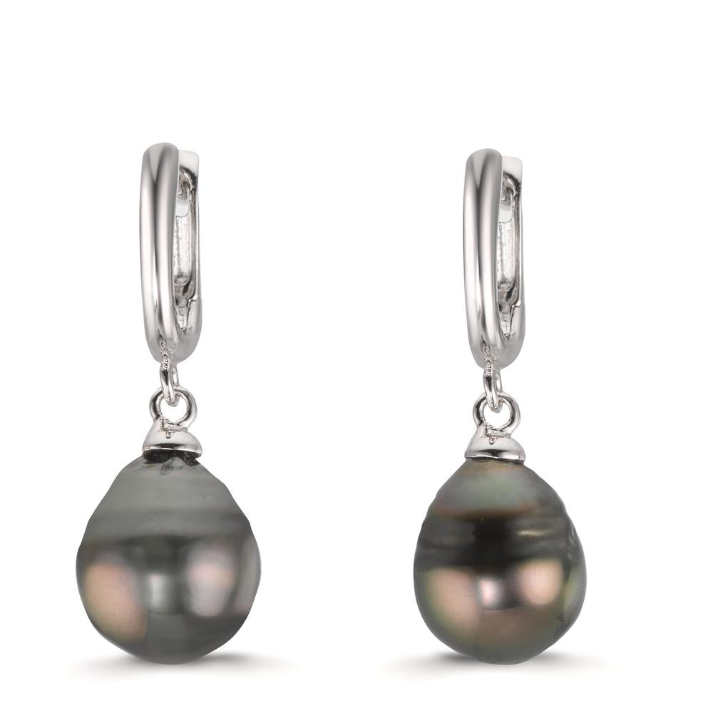 Hopfällbara örhängen Silver rodiumpläterad Tahitisk pärla, 2 Pärlor 9-10 mm