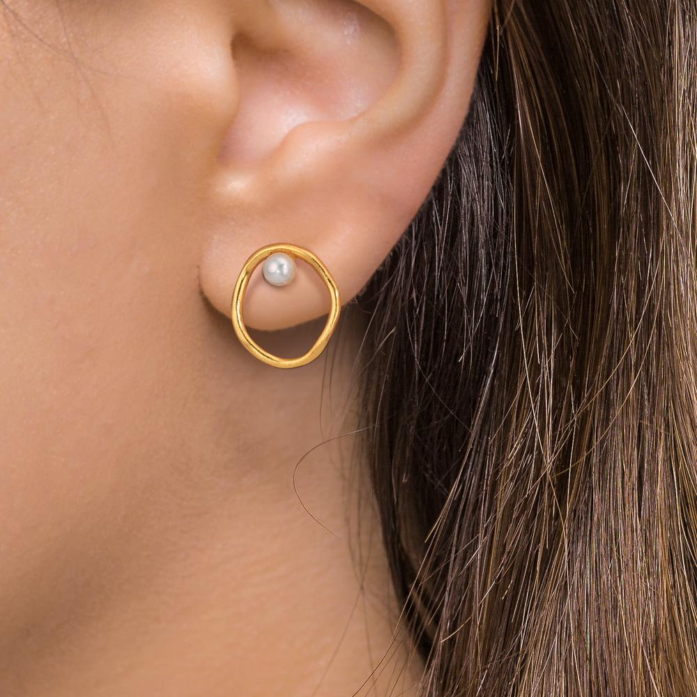 Örhängen med knoppar Silver gul guldpläterad Sötvattensodlad pärla vit, 2 Pärlor, 3 mm Ø11 mm