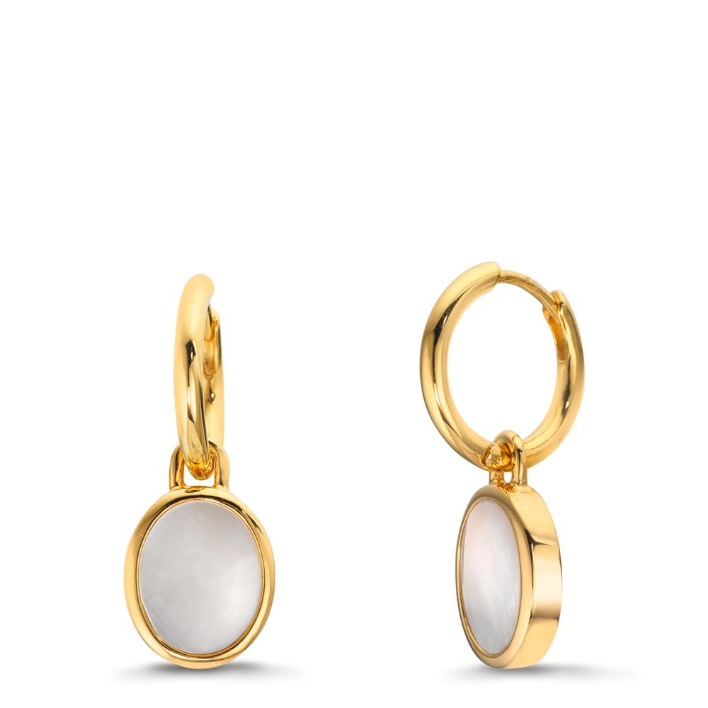 Hoop örhängen med krokar Silver gul guldpläterad pärlemor vit, 2 Pärlor 9-9.5 mm Ø14 mm