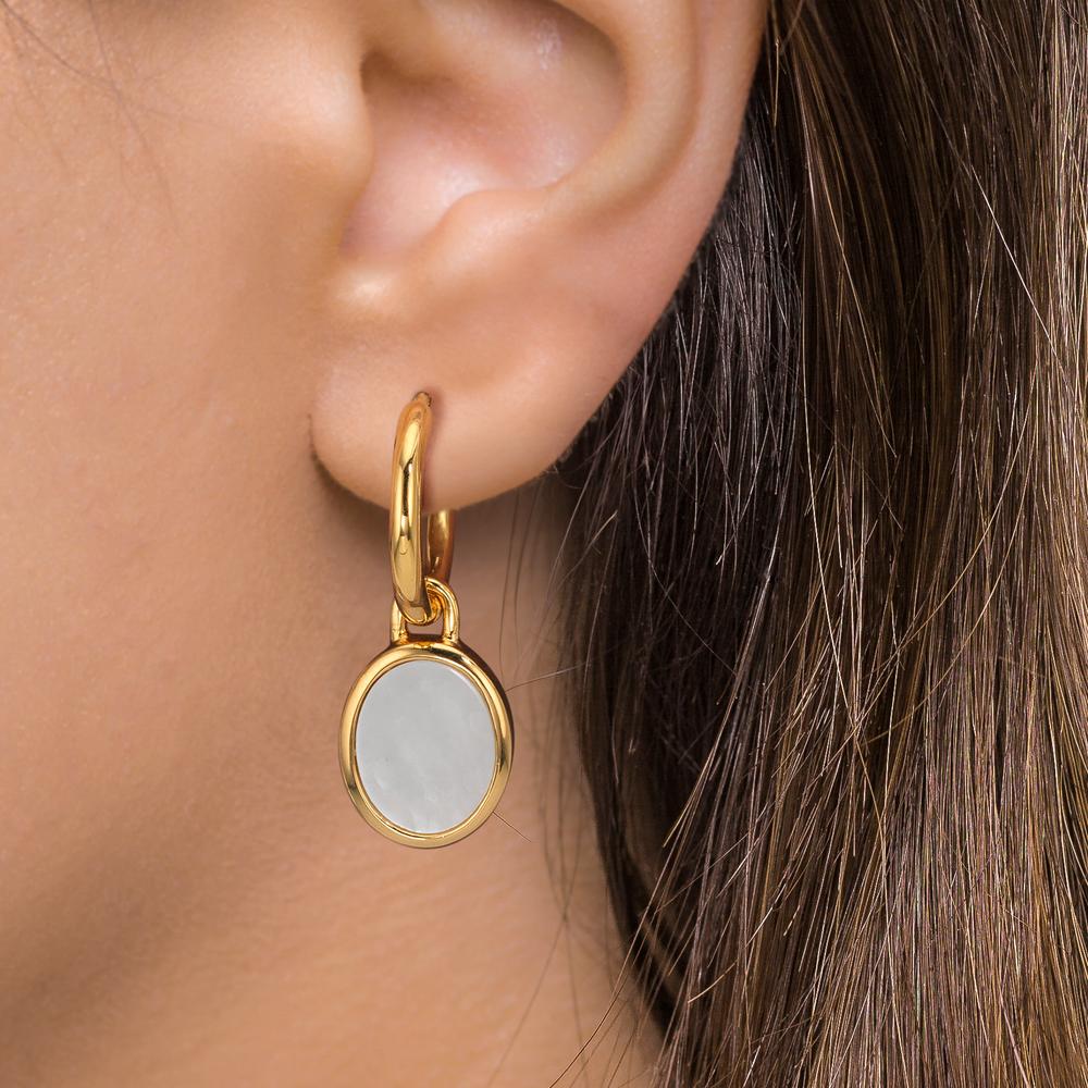 Hoop örhängen med krokar Silver gul guldpläterad pärlemor vit, 2 Pärlor 9-9.5 mm Ø14 mm