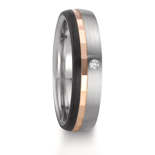 Partnerring rostfritt stål, 375/9 K rött guld diamant 0.02 ct, w-si